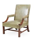 A GEORGE II WALNUT, MAHOGANY AND LEATHER UPHOLSTERED 'GAINSBOROUGH' ARMCHAIR, LATE 18TH CENTURY