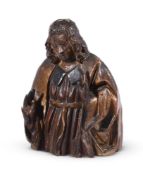A CONTINENTAL CARVED WOOD AND POLYCHROME PAINTED HALF LENGTH, ECCLESIASTICAL FIGURE