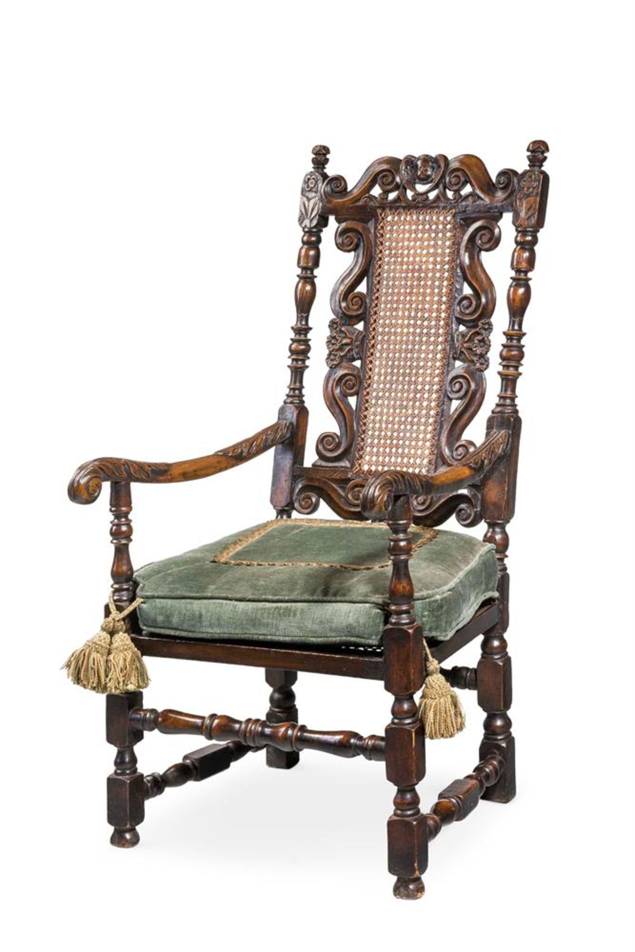 A VICTORIAN WALNUT ARMCHAIR, 19TH CENTURY, IN CHARLES II STYLE