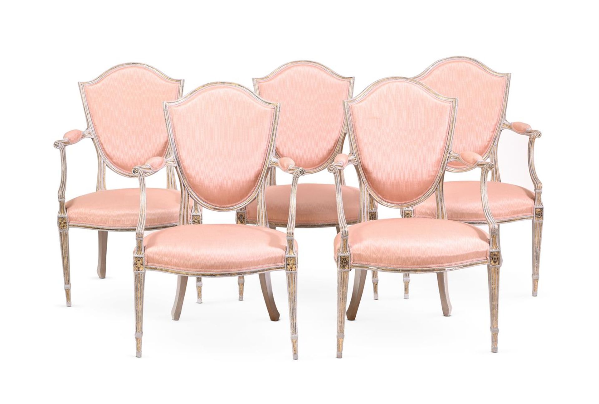 A SET OF FIVE GEORGE III GREY PAINTED AND PARCEL GILT GEORGE III ARMCHAIRS, LATE 18TH CENTURY