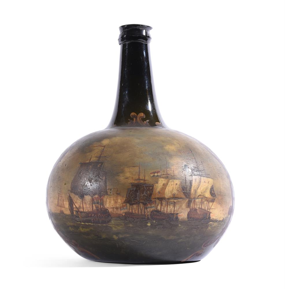A DUTCH OLIVE-GREEN TINT ONION-SHAPE COMMEMORATIVE WINE BOTTLE PAINTED IN COLOURED ENAMELS WITH A NA