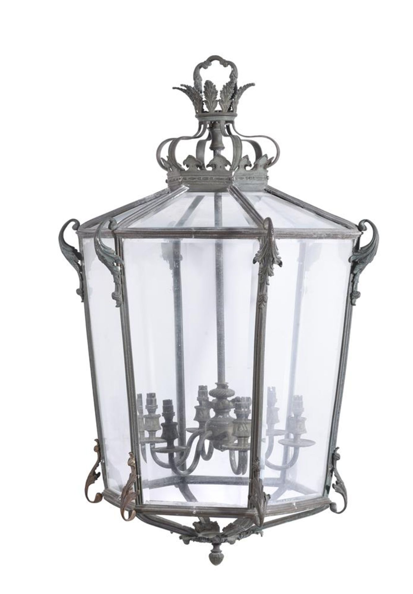 A PATINATED METAL HEXAGONAL SECTION SIX LIGHT HALL LANTERN