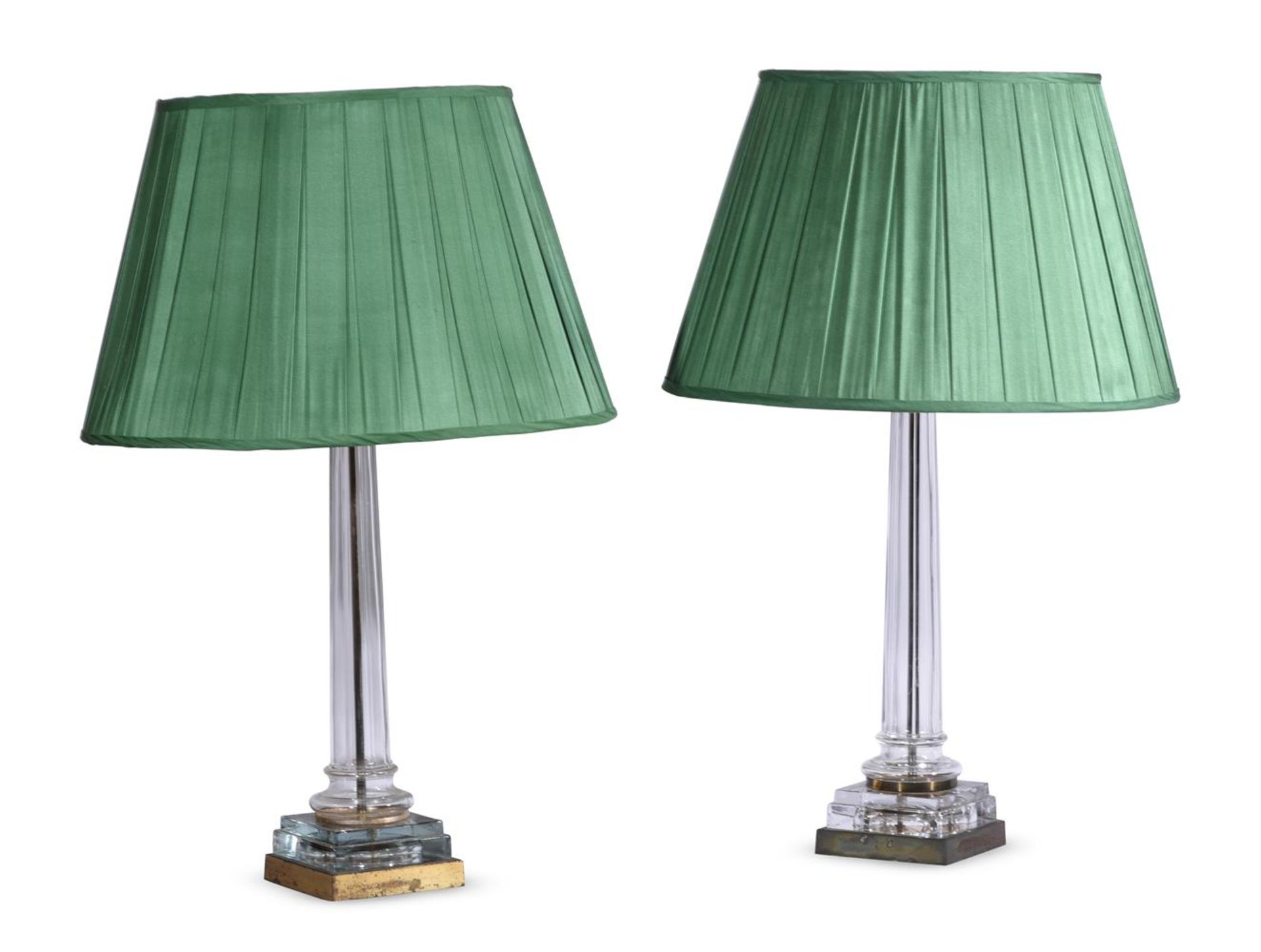 A PAIR OF GLASS DORIC COLUMNAR LAMPS