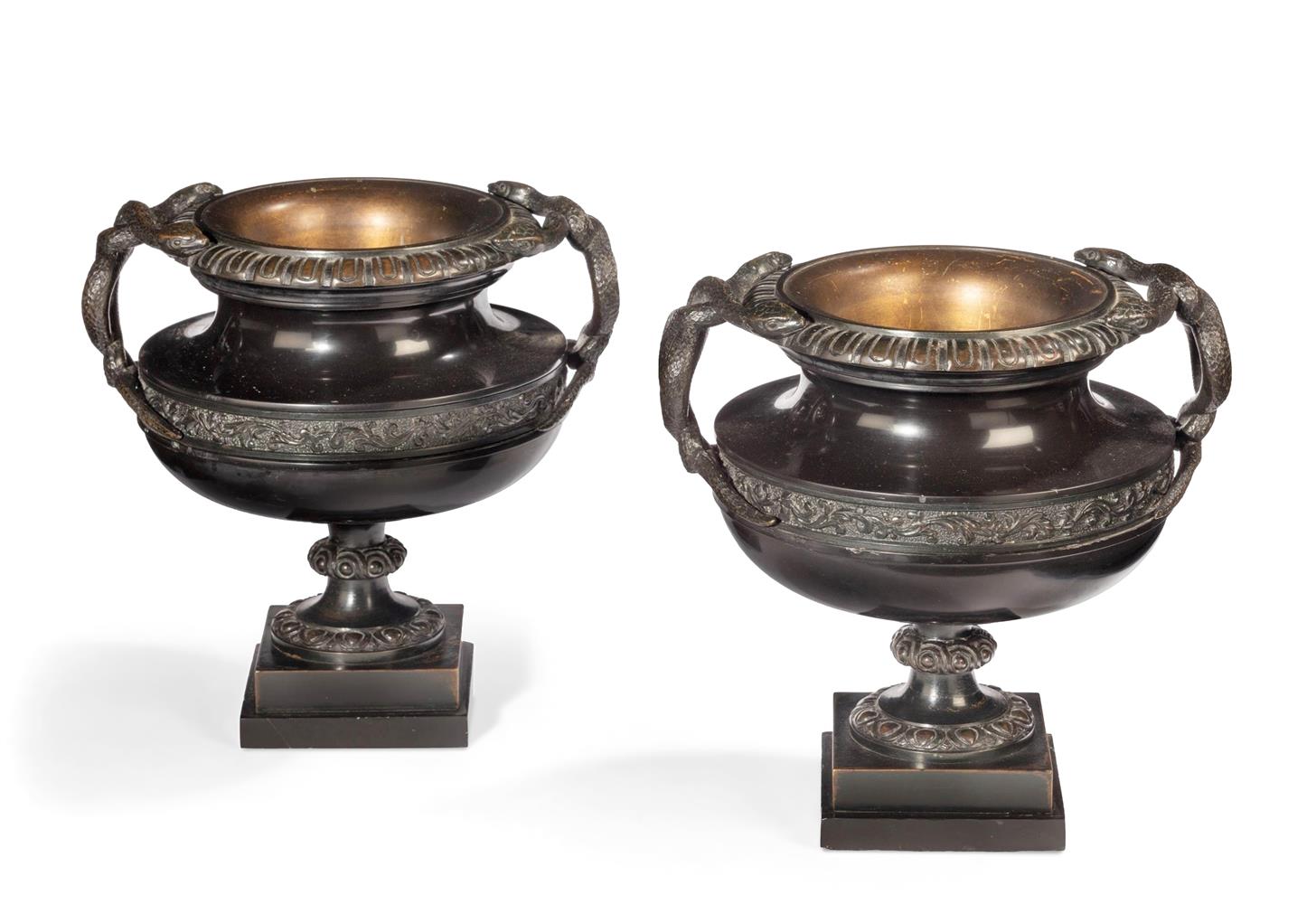 A PAIR OF BRONZE NEOCLASSIC TWIN HANDLED PEDESTAL URNS 19TH CENTURY - Image 2 of 6