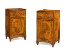Y A PAIR OF SATINWOOD AND MARQUETRY PEDESTAL CUPBOARDS, FIRST QUARTER 19TH CENTURY