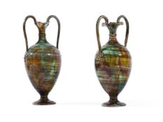 A PAIR OF WEDGWOOD AGATEWARE TWO HANDLED OVOID PEDESTAL EWERS, LATE 19TH CENTURY