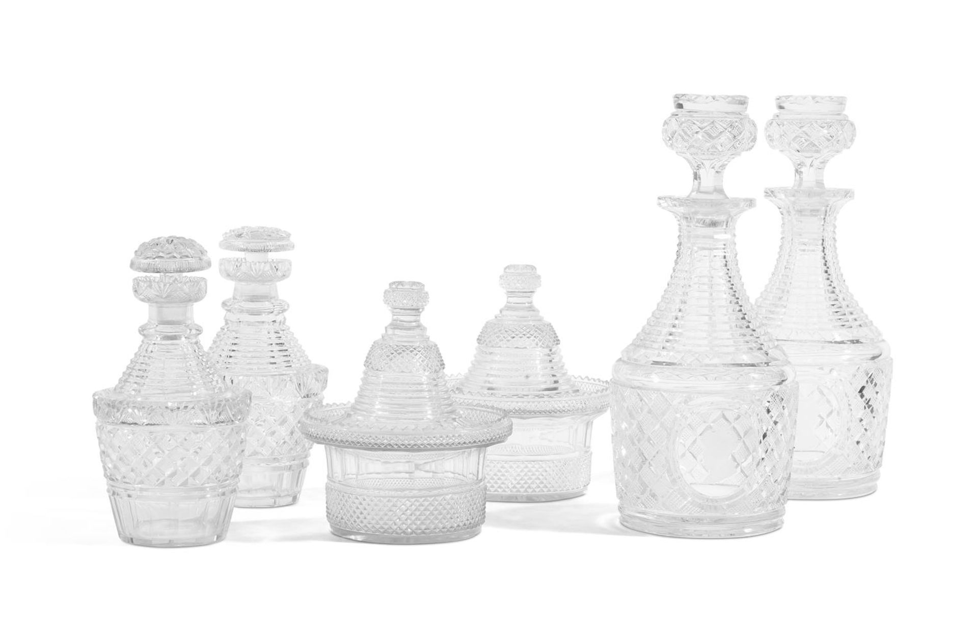 A COLLECTION OF CUT GLASS TO INCLUDE A PAIR OF COMMEMORATIVE MALLET SHAPE DECANTERS WITH ENGRAVED P