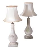 A PAIR OF STONE COMPOSITION BALUSTER TABLE LAMPS