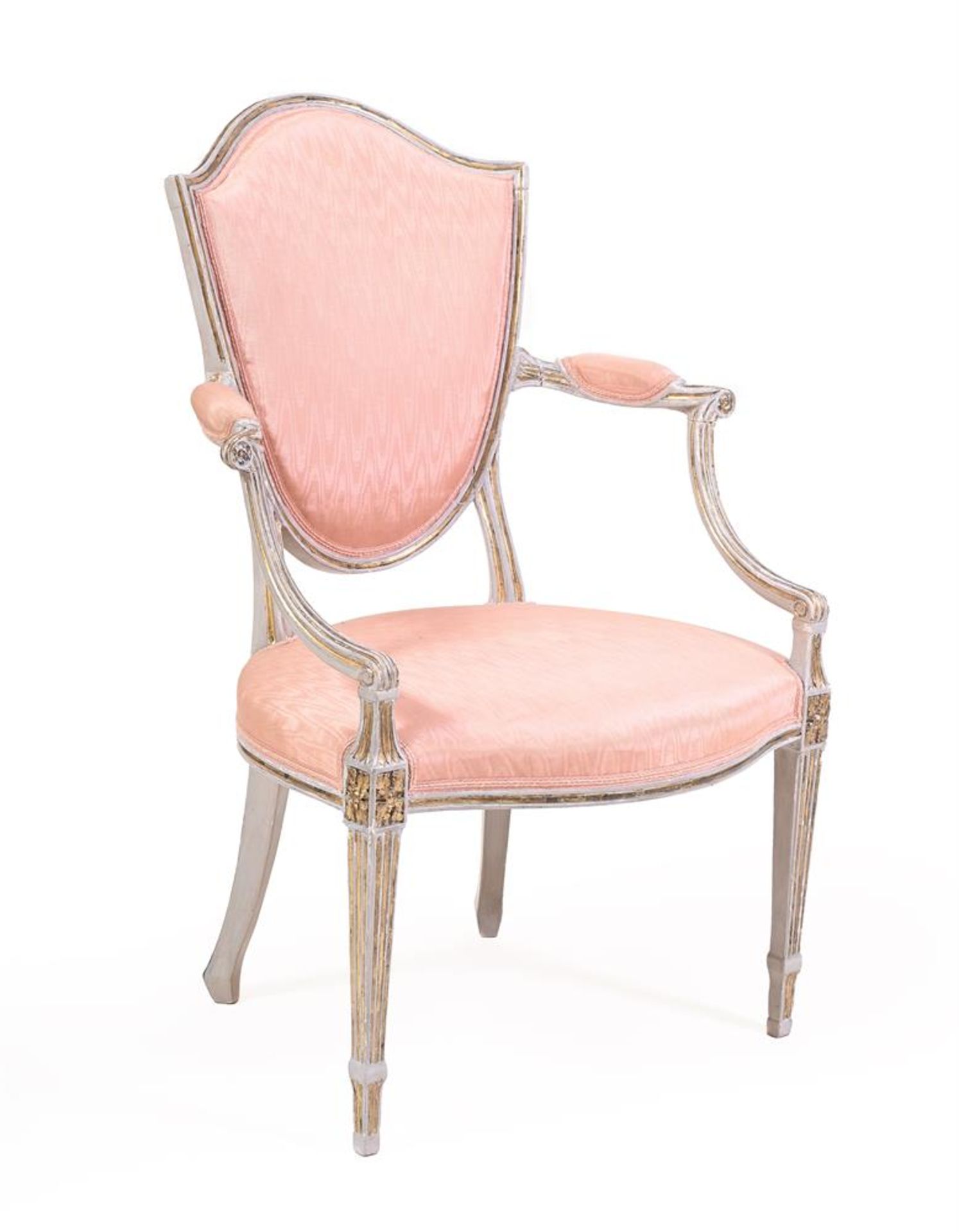 A SET OF FIVE GEORGE III GREY PAINTED AND PARCEL GILT GEORGE III ARMCHAIRS, LATE 18TH CENTURY - Bild 2 aus 4