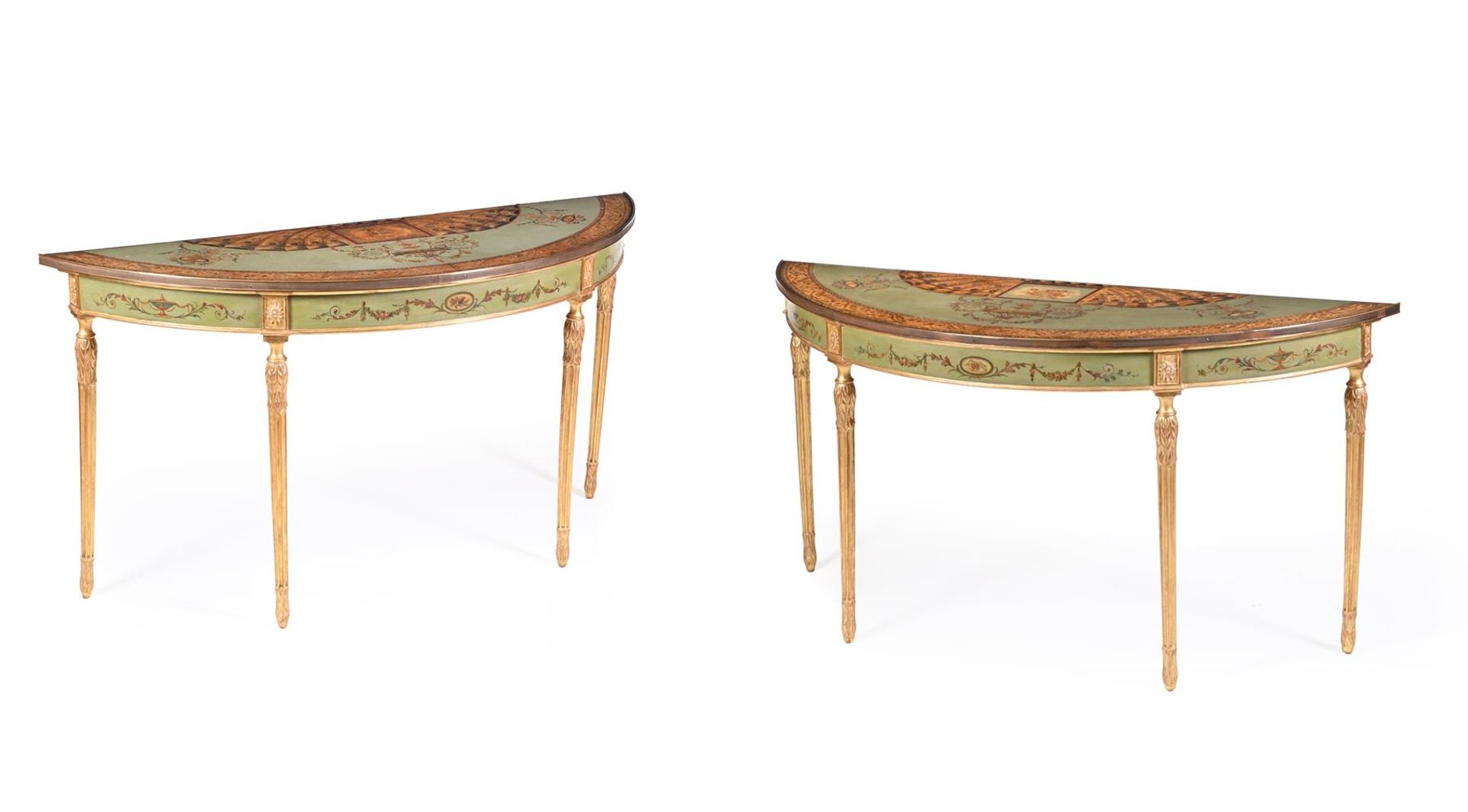A PAIR OF PARCEL GILT AND POLYCHROME PAINTED SEMI-ELLIPTICAL SIDE TABLES IN GEORGE III STYLE