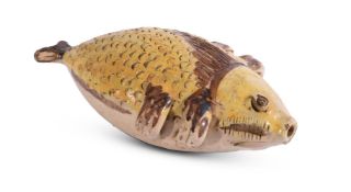 A CONTINENTAL POTTERY PILGRIM FLASK MODELLED AS A FISH, 19TH CENTURY