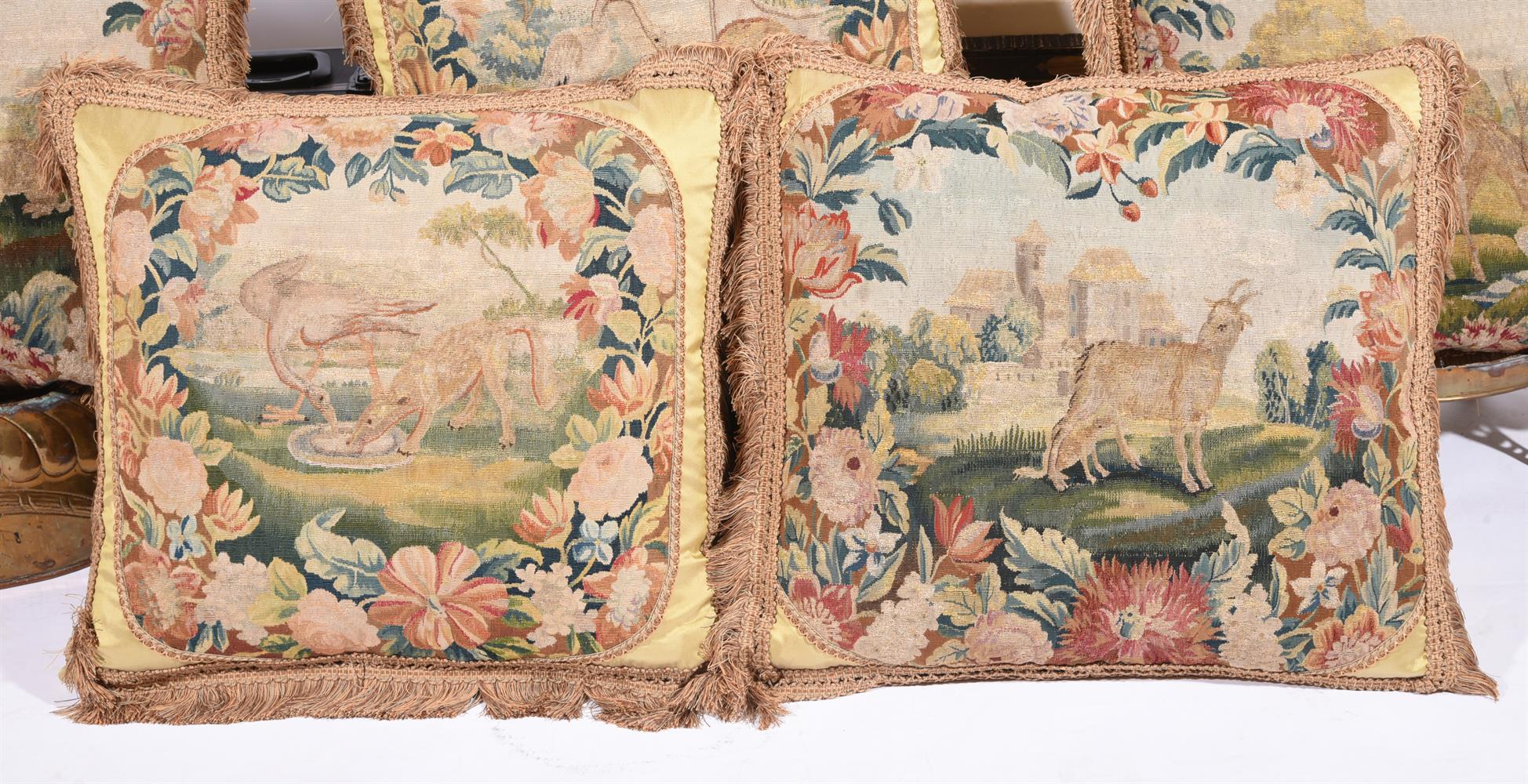SIX LARGE CUSHIONSINCORPORATING 18TH CENTURY TAPESTRY WITH ANIMALS FROM FABLES AND LATER FABRIC - Image 3 of 4