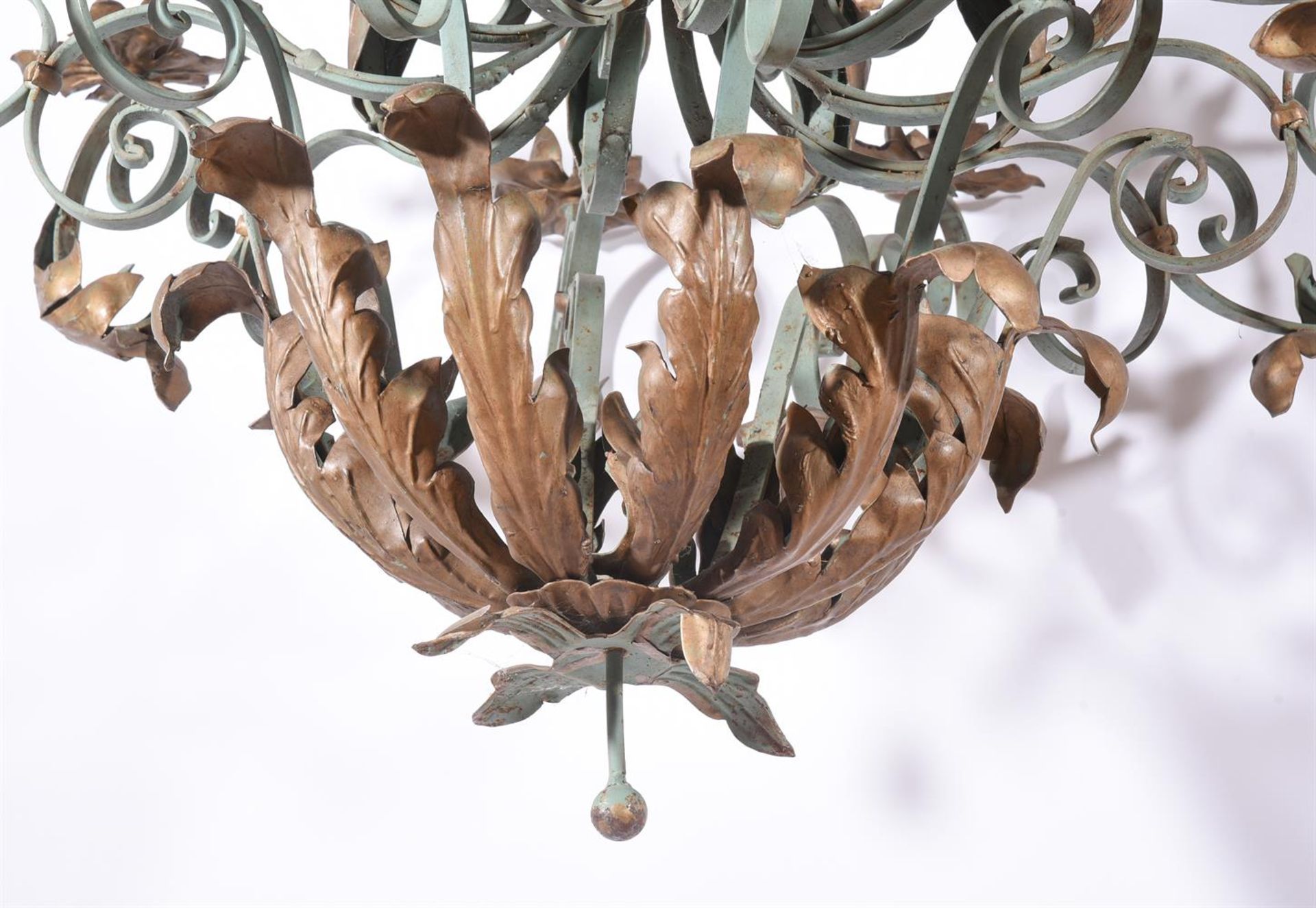 A WROUGHT IRON GREEN PAINTED AND GILT TEN BRANCH CHANDELIER, 20TH CENTURY - Image 3 of 4