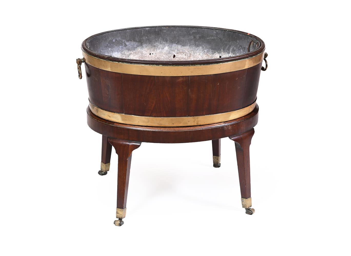 A GEORGE III MAHOGANY AND BRASS BOUND WINE COOLER ON STAND, CIRCA 1780 - Image 2 of 2
