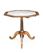 A SYCAMORE, MAHOGANY AND BRASS MOUNTED OCTAGONAL TRIPOD TABLE, CIRCA 1810