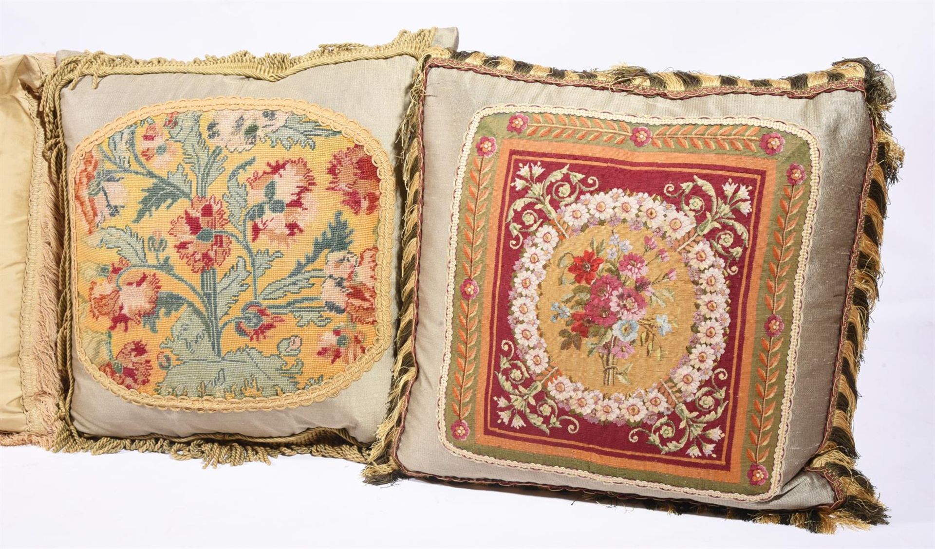 SIX LARGE CUSHIONS INCORPORATING 18TH CENTURY AND LATER WOOLWORK AND TAPESTRY AND LATER FABRIC - Image 4 of 4