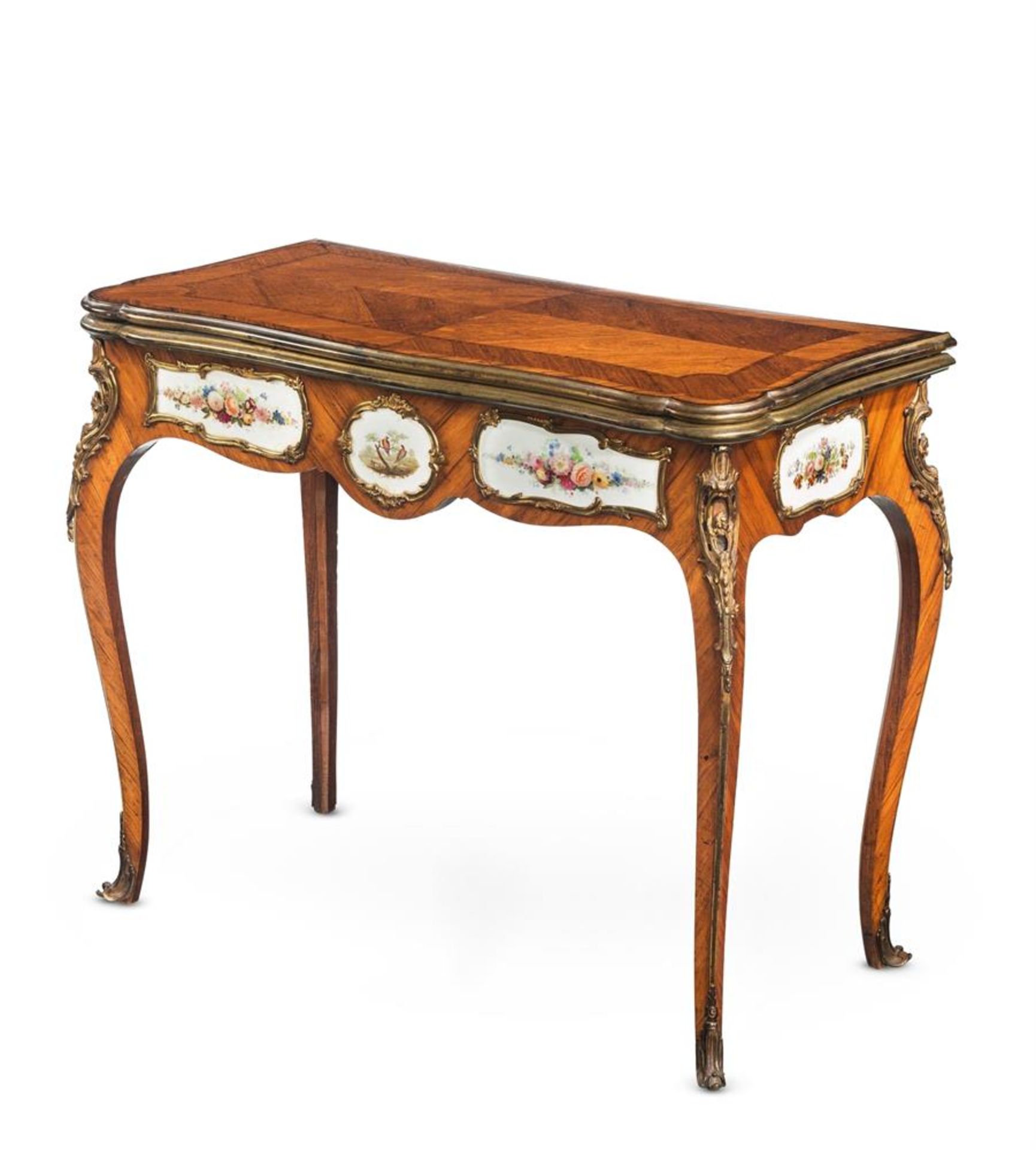 Y AN EARLY VICTORIAN PORCELAIN AND GILT BRONZE MOUNTED TULIPWOOD CARD TABLE BY G J MORANT - Image 2 of 9