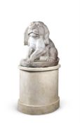 A MARBLE FIGURE OF A PUPPY ON A PAINTED WOOD PLINTH, 20TH CENTURY