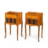 Y A PAIR OF KINGWOOD AND MARQUETRY BEDSIDE CUPBOARDS, 20TH CENTURY
