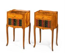 Y A PAIR OF KINGWOOD AND MARQUETRY BEDSIDE CUPBOARDS, 20TH CENTURY