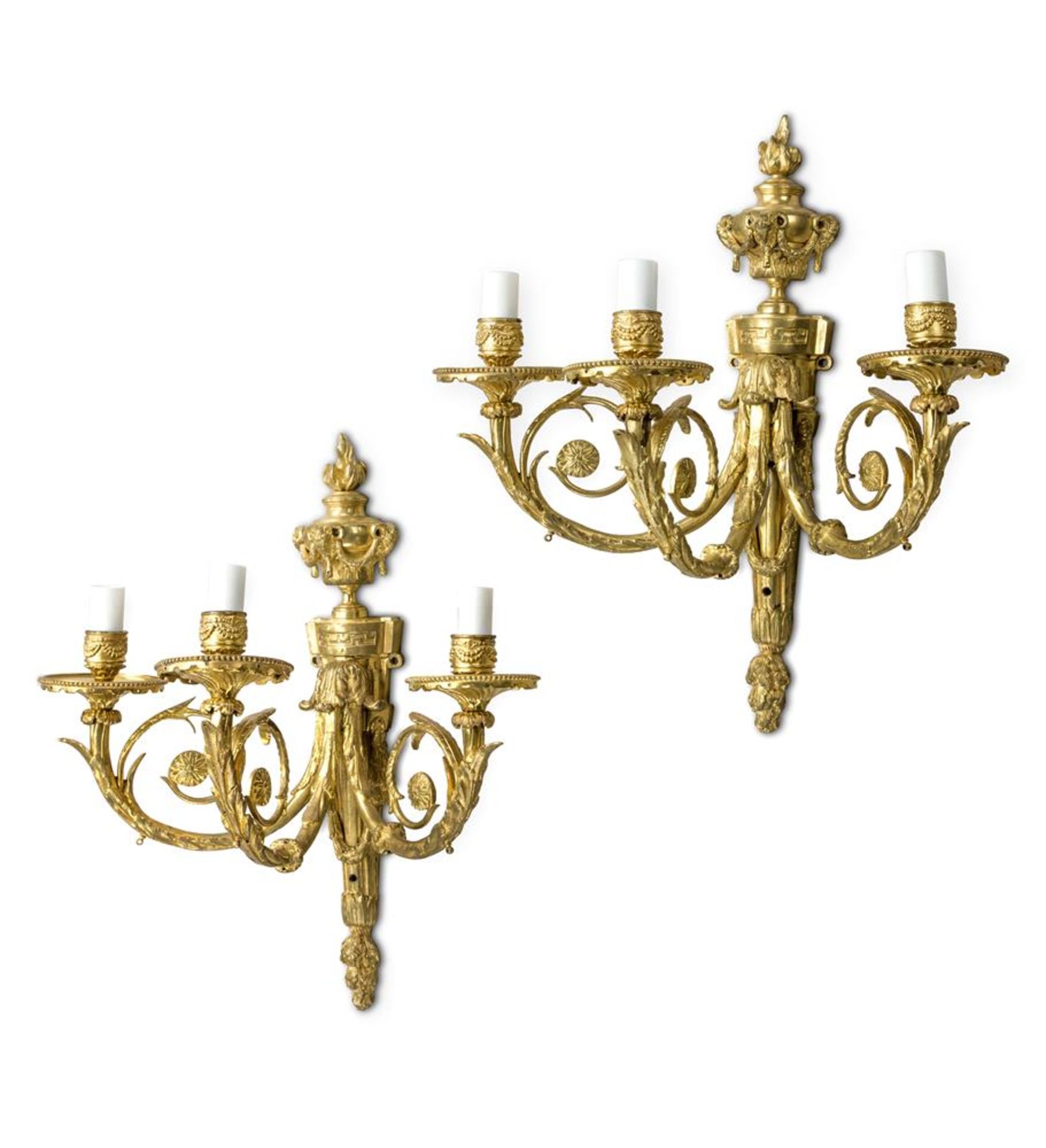 A PAIR OF GILT METAL THREE BRANCH WALL LIGHTS, 20TH CENTURY