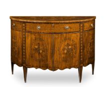 A LATE VICTORIAN MAHOGANY AND MARQUETRY DEMI-LUNE COMMODE, LATE 19TH CENTURY