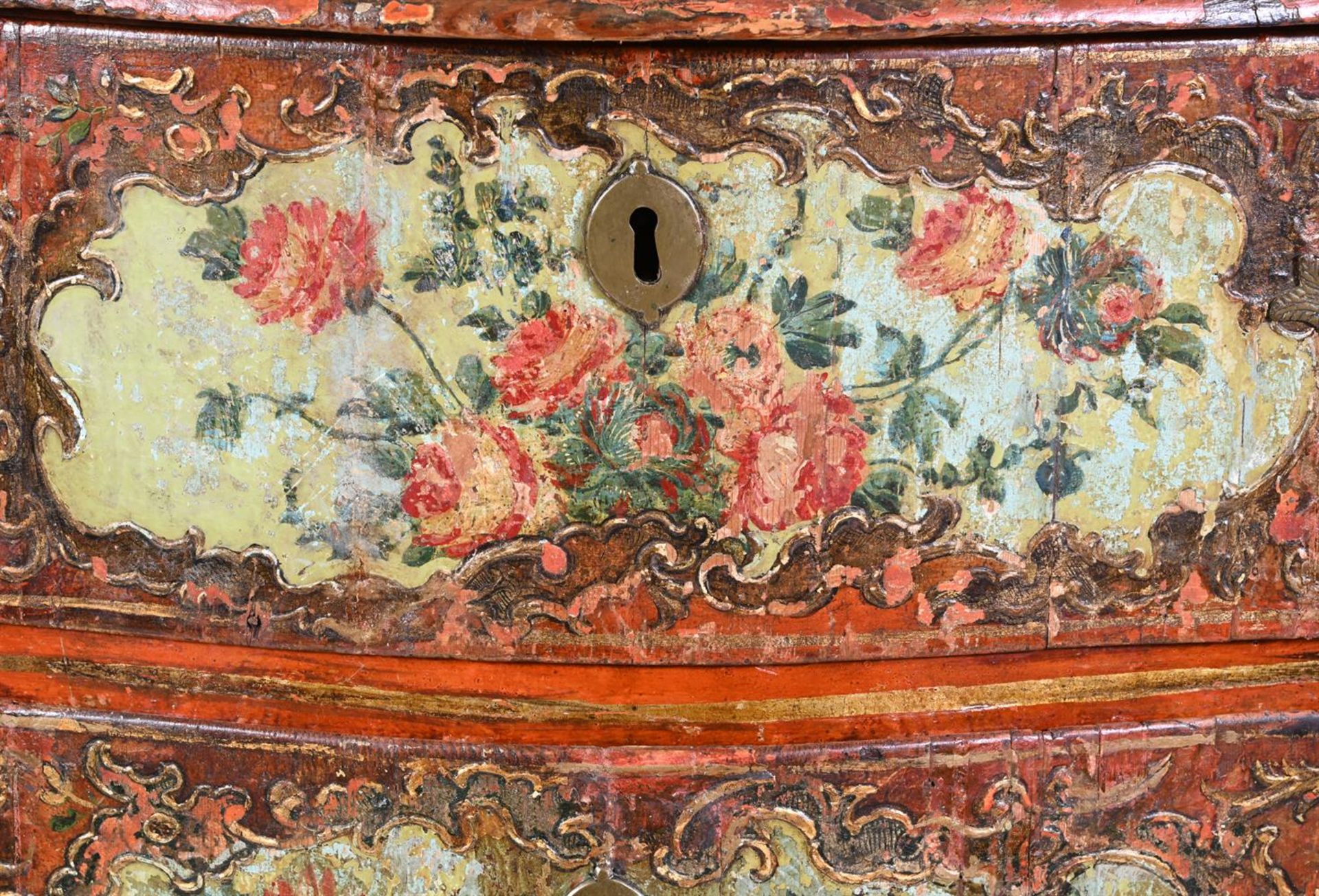 A NORTH ITALIAN POLYCHROME DECORATED SERPENTINE COMMODE MID 18TH CENTURY - Image 4 of 4