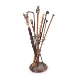 A LATE VICTORIAN TURNED WOOD AND BRASS STICK STAND, LATE 19TH CENTURY