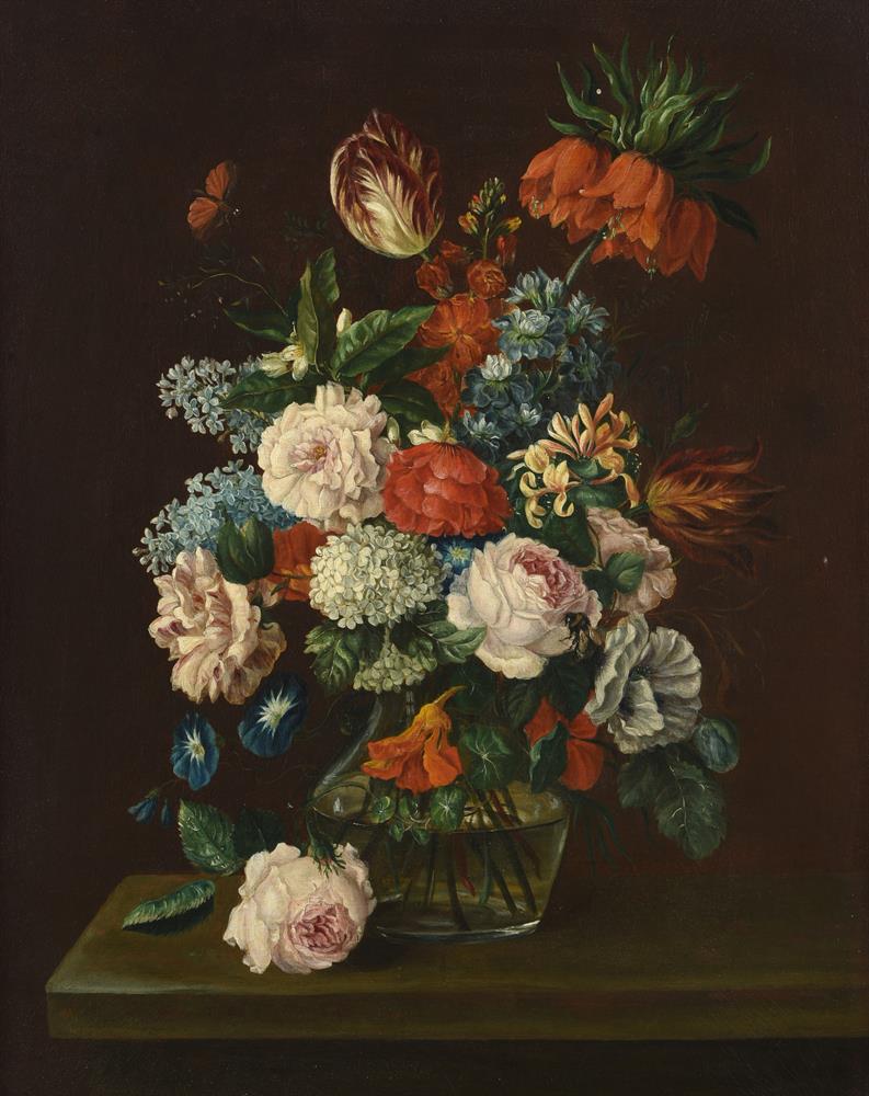 CIRCLE OF CORNELIS JOHANNES DE BRUYN, STILL LIFE, A BEE AND BUTTERFLY ON FLOWERS IN A GLASS VASE - Image 2 of 3