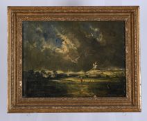 MANNER OF JOHN CONSTABLE, SUFFOLK LANDSCAPE WITH WINDMILL AND CHURCH