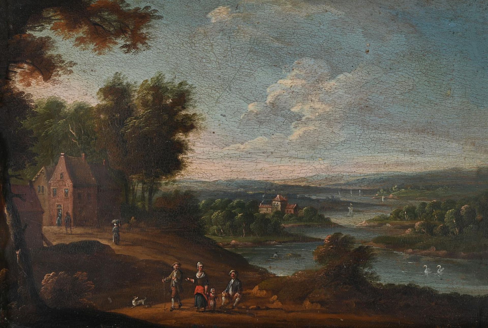 MANNER OF JAN BREUGHEL II, FIGURES IN AN EXTENSIVE WOODED RIVER LANDSCAPE - Image 2 of 3