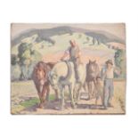 λ HAROLD DEARDEN (BRITISH 1888-1962), FARMERS AND WORKING HORSES IN A FIELD