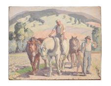 λ HAROLD DEARDEN (BRITISH 1888-1962), FARMERS AND WORKING HORSES IN A FIELD