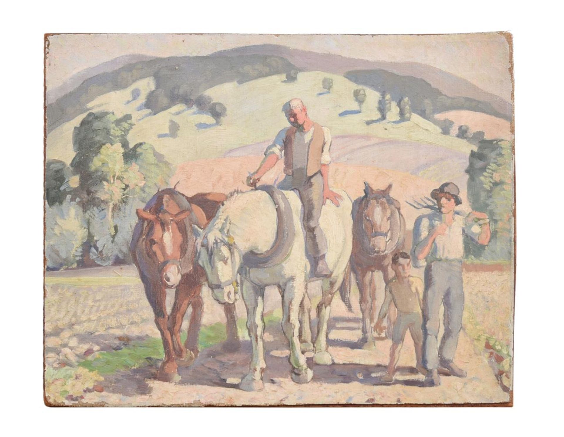 λ HAROLD DEARDEN (BRITISH 1888-1962), FARMERS AND WORKING HORSES IN A FIELD