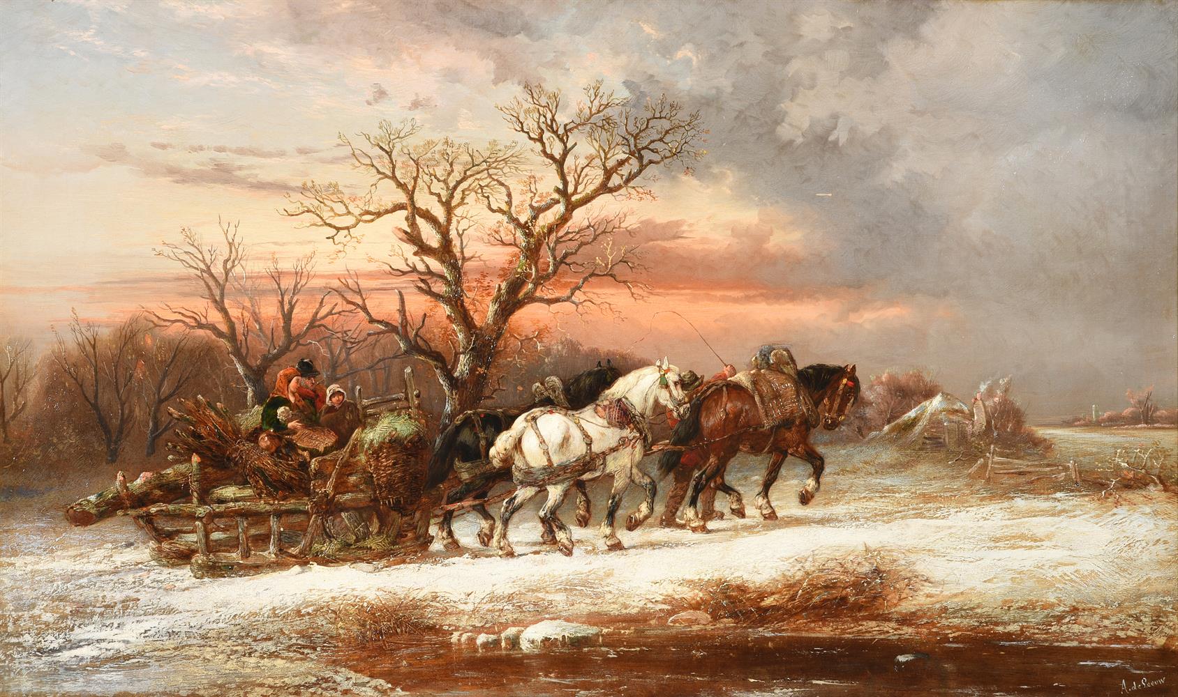 ALEXIS DE LEEUW (BELGIAN 1822-1900), A LOGGING SLED IN THE SNOW - Image 2 of 3