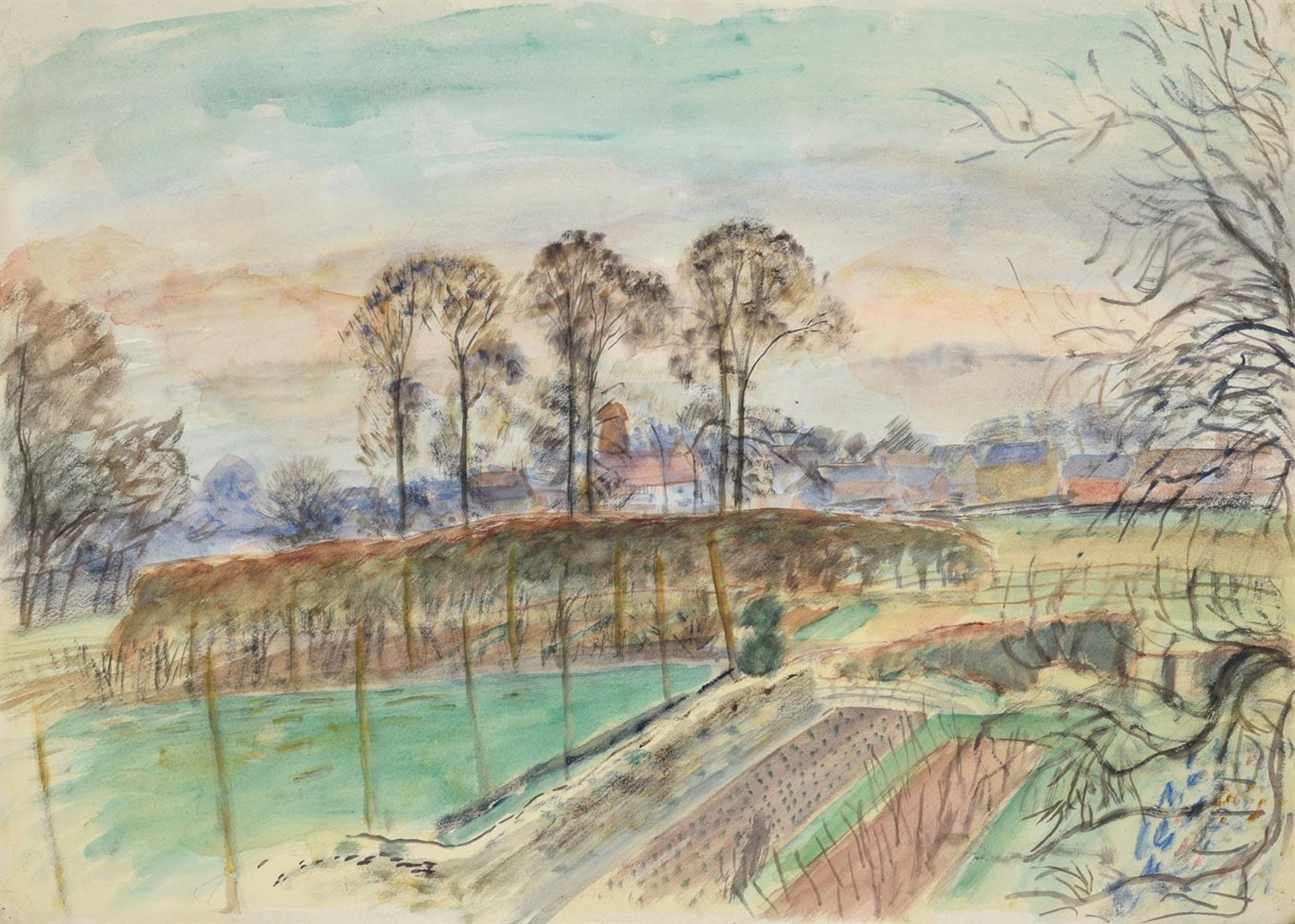 λ LEON UNDERWOOD (BRITISH 1890-1975), RURAL LANDSCAPE WITH A VILLAGE WITH A WINDMILL BEYOND - Image 2 of 3