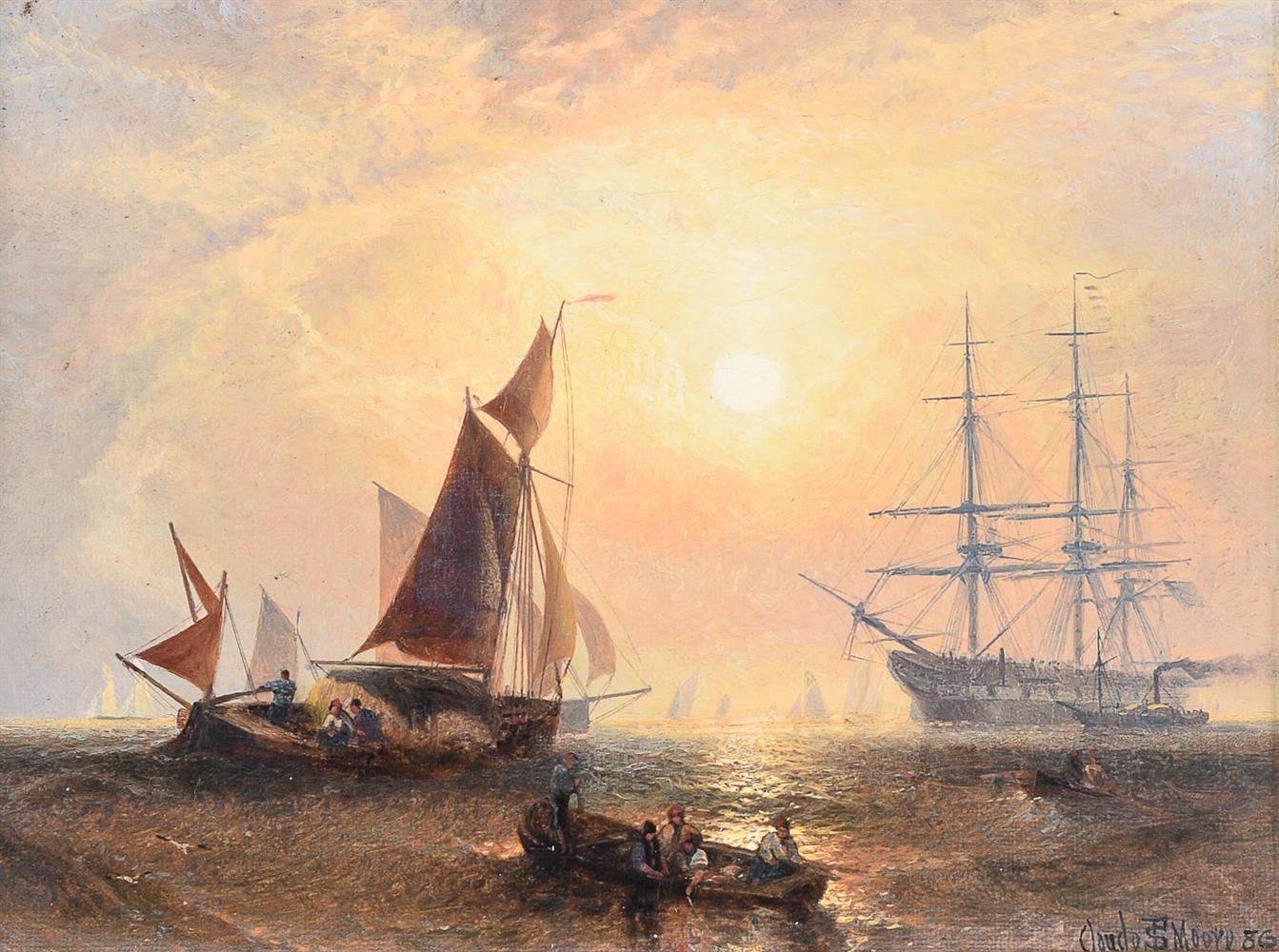 CLAUDE T. STANFIELD MOORE (BRITISH 1853-1901), SHIPPING ON OPEN SEA AT SUNSET