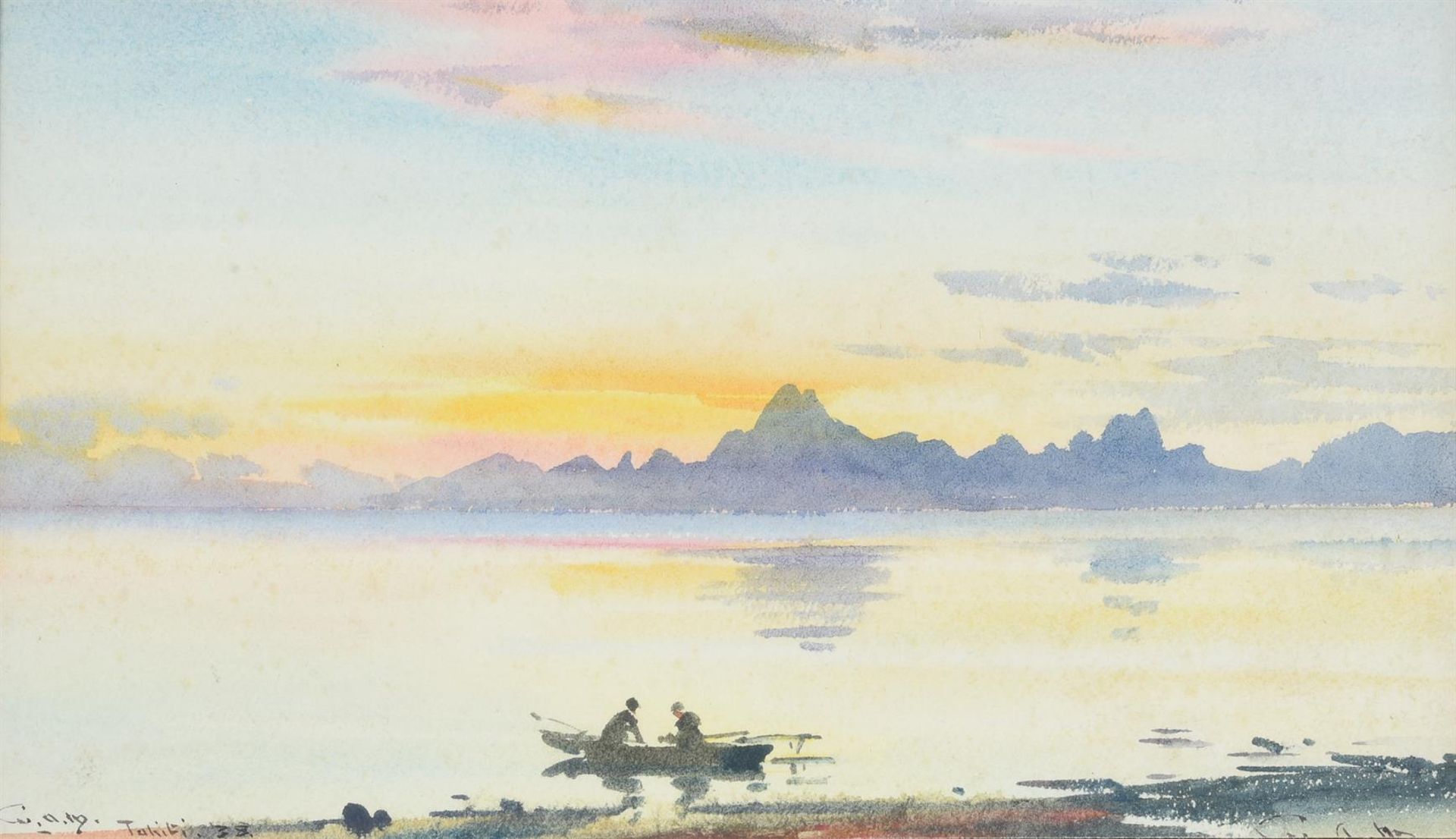 WILLIAM ALISTER MACDONALD (BRITISH 1861-1948), SUNSET IN TAHITI, WITH FISHERMEN IN A BOAT - Image 2 of 2