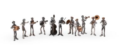 ELEVEN ITALIAN SILVER COLOURED AND BRONZE MODELS OF MUSICIANS