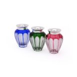 THREE SILVER MOUNTED OVOID COLOURED GLASS VASES