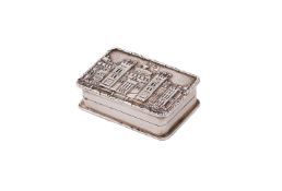 A SILVER RECTANGULAR CASTLE TOP PILL BOX