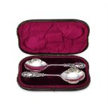 A CASED PAIR OF EDWARDIAN SILVER SERVING SPOONS