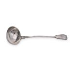 A VICTORIAN SILVER FIDDLE AND THREAD PATTERN SOUP LADLE