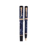 PARKER, DUOFOLD, CENTENNIAL, A BLUE MARBLED FOUNTAIN PEN AND BALLPOINT PEN, NO 46/50