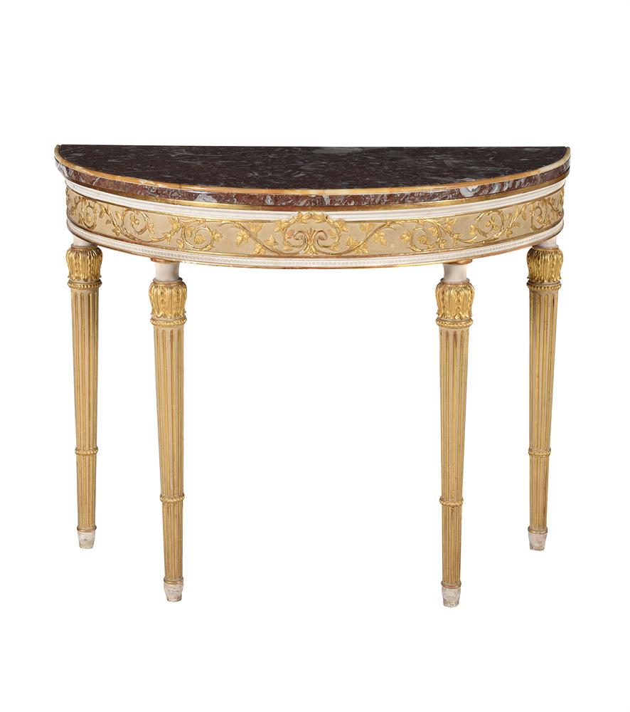A WHITE PAINTED AND PARCEL GILT CONSOLE TABLE IN GEORGE III STYLE