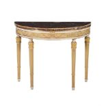 A WHITE PAINTED AND PARCEL GILT CONSOLE TABLE IN GEORGE III STYLE