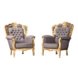 A PAIR OF GILTWOOD UPHOLSTERED ARMCHAIRS IN FRENCH TASTE