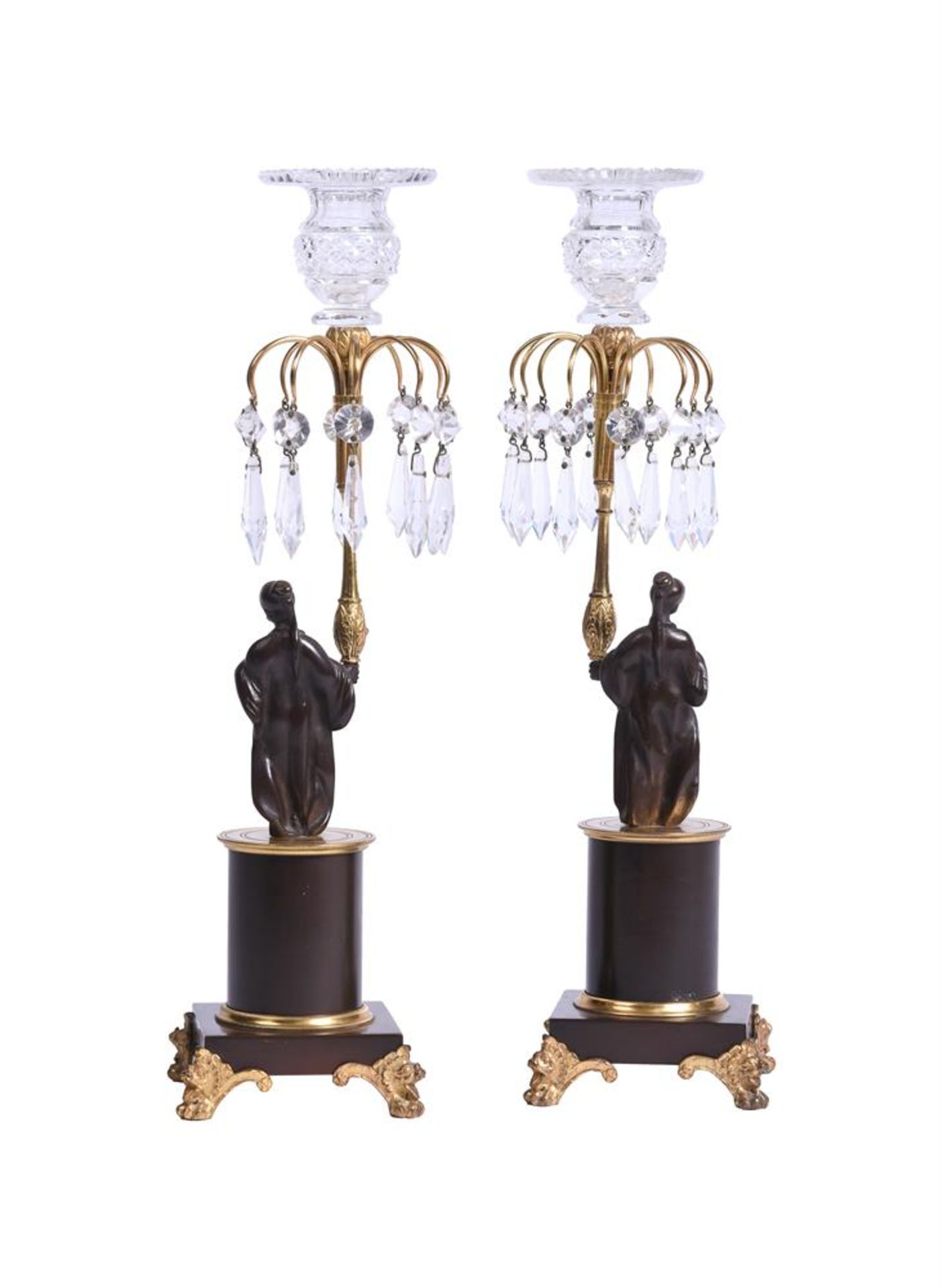 A PAIR OF PATINATED AND GILT METAL TABLE LUSTRES - Image 2 of 4