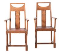 A PAIR OF OAK AND CHECKER-INLAID ARMCHAIRS