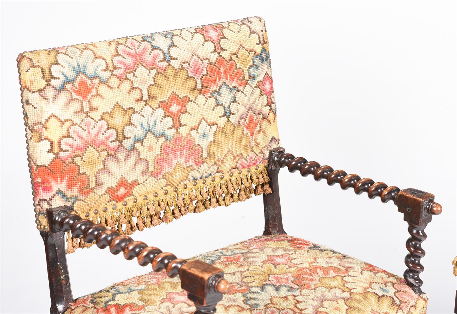 A NEAR PAIR OF CARVED OAK AND TAPESTRY UPHOLSTERED ARMCHAIRS - Image 2 of 2